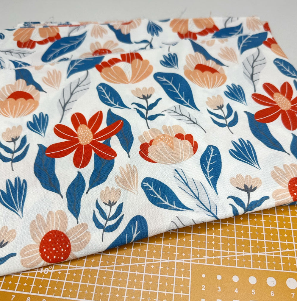 Orange Blue Floral Print Woven Fabric